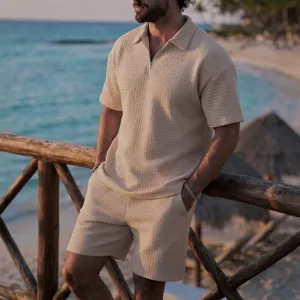 Mens Waffle Knit Polo Shirt and Shorts Set Summer Casual Beach Resort Outfit Beige Suit