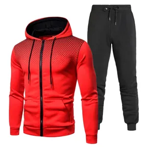 Men's casual tracksuit set featuring a red gradient dot hoodie and black joggers for daily wear