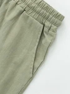 Men casual linen shorts elastic waist pocket detail sage green summer beach wear comfortable