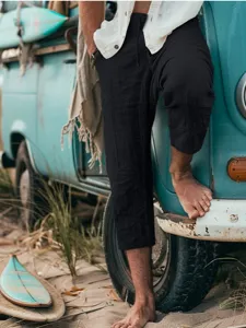 Mens casual loose cropped beach shorts summer solid color comfortable trousers style