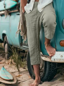 Casual loose men's cropped pants summer beach solid color drawstring straight trousers