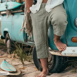 Men casual loose cropped pants beach summer solid color comfortable breathable trousers