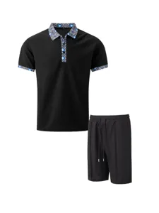 Men's waffle polo shirt and shorts detail view, featuring geometric print collar and cuffs.