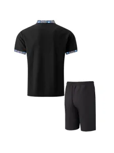 Back view detail of black waffle knit men's polo shirt and shorts set with blue ethnic collar.