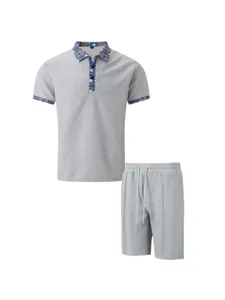 Men's waffle knit short sleeve polo shirt and shorts casual set with printed collar.