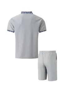 Men's waffle knit short sleeve polo shirt and shorts casual set, detailed back view design.