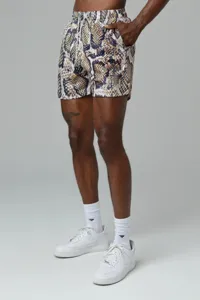 Men's digital printed snakeskin pattern casual sports shorts with drawstring waist.