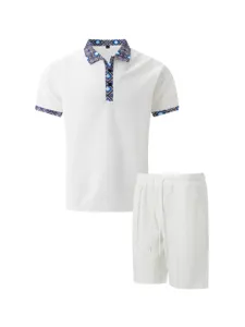 Men's waffle knit short sleeve polo shirt and shorts casual set detail view, white.