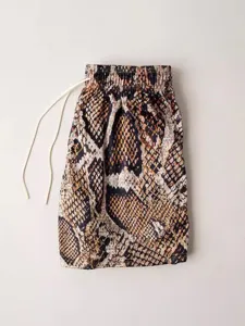 Men's casual athletic shorts featuring stylish snakeskin digital print and drawstring waist.