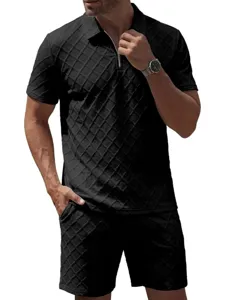 Men summer black jacquard polo shirt and shorts set casual sportswear fashion outfit