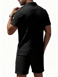 Men's black jacquard polo shirt and shorts set summer casual sportswear detail view.