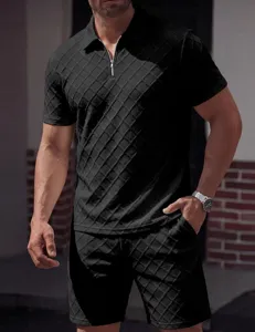 Men's black jacquard knit polo shirt and shorts set, casual summer zip outfit for daily wear.
