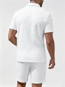 Close-up back detail view of the white jacquard knit polo shirt and shorts summer set.