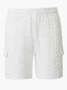 Detail shot of white men's casual cable knit cargo shorts with drawstring waist and pockets.