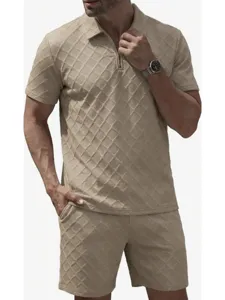 Men's summer casual jacquard polo shirt and shorts set, comfortable loose sportswear outfit.
