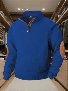 Heren casual lang mouw revers jacquard gebreide truien sweatshirt met elleboog lapjes.