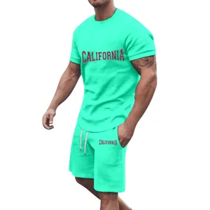 Men's summer casual sportswear set, turquoise short sleeve t-shirt and shorts with California print.