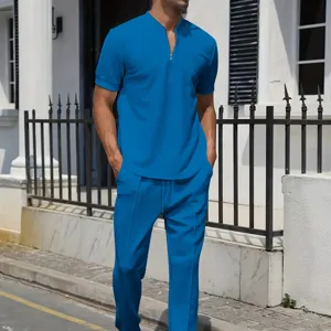 Men casual waffle knit short sleeve zipper polo shirt and trousers set detail view.