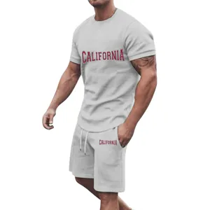 Men summer casual short sleeve t shirt and comfortable shorts sportswear set detail view.