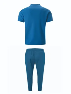 Men's Blue Waffle Knit Short Sleeve Polo Shirt and Long Pants Casual Set Back View
