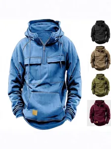Herren Casual Vintage Kapuzenpullover Langarm Viertelreißverschluss Mehr-Tasche Lose Passform Baumwollmischung Pullover Hoodie