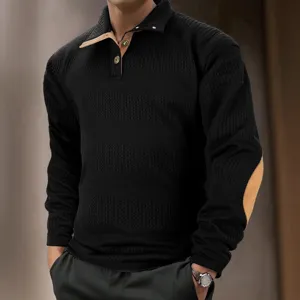 Heren lang mouw jacquard gebreid poloshirt met contrasterende patches voor stijlvolle mode.