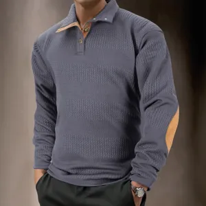 Heren casual lange mouw polo gebreide trui met suède elleboogpatches in donkergrijs.