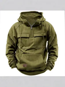Herren Vintage Armee Grün Halb-Reißverschluss Kapuzenpullover mit Taschen und Aufnäher.