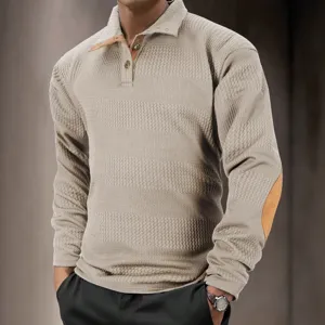 Heren casual lange mouw gebreide polo trui met suède elleboog patches voor heren.