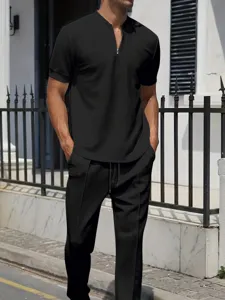 Men's casual waffle short sleeve half zip polo shirt and long pants tracksuit set black