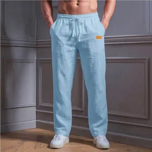 Detail shot of light blue men's casual trousers featuring comfortable drawstring waist and side pockets.