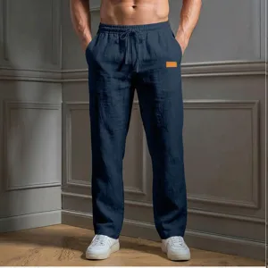 Men's casual loose straight leg linen trousers with drawstring waist and pockets for autumn.