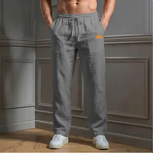 Men's casual loose fit linen trousers with drawstring waist and pockets for comfort.