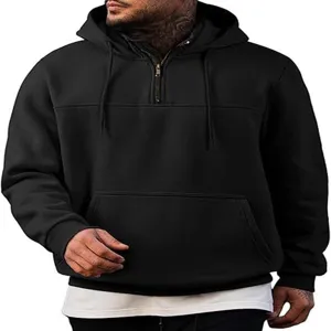 Herren lässiger schwarzer Fleece-Kapuzenpullover mit Viertelreißverschluss und Tasche.