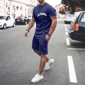 Street style detail view of men's summer short sleeve and shorts casual sportswear set.