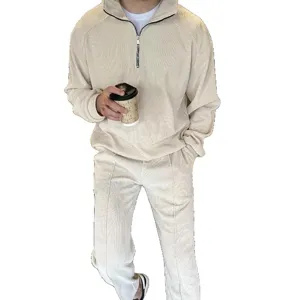 Men's casual fleece-lined corduroy half-zip sweatshirt and trousers tracksuit set beige