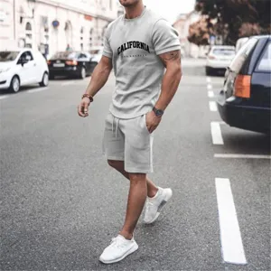 Men summer casual short sleeve t-shirt and shorts set light grey street wear detail view.