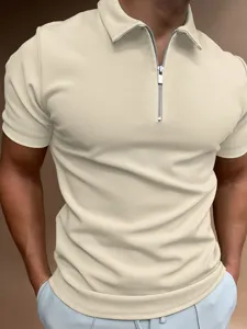 Mens casual solid color short sleeve lapel zip polo shirt summer slim fit top streetwear