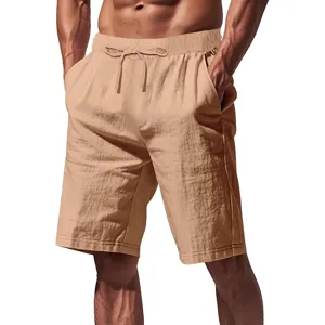 Herren Leinen Casual Shorts Kordelzug Elastischer Bund Einfarbig Atmungsaktiv Sommer