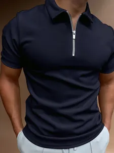 Men's solid color short sleeve polo shirt with half zipper lapel casual slim fit top.