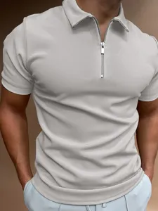 Men's solid color short sleeve lapel zipper polo shirt casual slim fit summer top