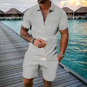 Men casual solid knit zip polo shirt and shorts set, comfortable short sleeve resort outfit.
