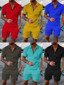 Men Casual Knitted Top And Bottom Polyester Geometric Texture Zipper Polo Shirt And Shorts Suit Summer Urban Outfit