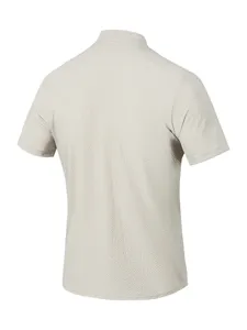 Detail view of the men's short-sleeve textured stand collar casual shirt back design.