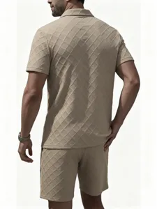 Men's jacquard polo shirt shorts set summer casual sportswear solid color outfit