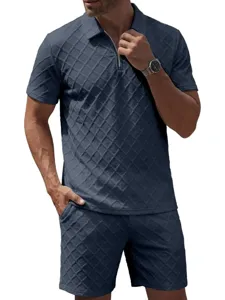 Men's summer casual jacquard polo shirt and shorts two-piece set in classic dark blue.