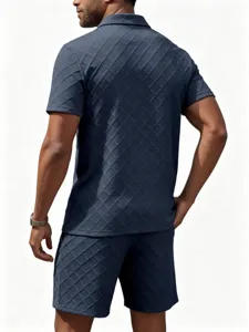 Men's jacquard polo shirt and shorts set back view, detailed summer casual sportswear.