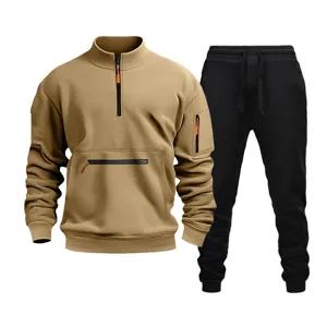 Detail view of men's casual fleece quarter-zip sweatshirt and sweatpants track suit.