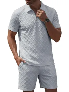 Close-up view of textured jacquard polo shirt and shorts set for men in summer style.
