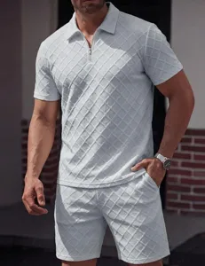 Men's jacquard short sleeve polo shirt and shorts casual summer two-piece outfit.